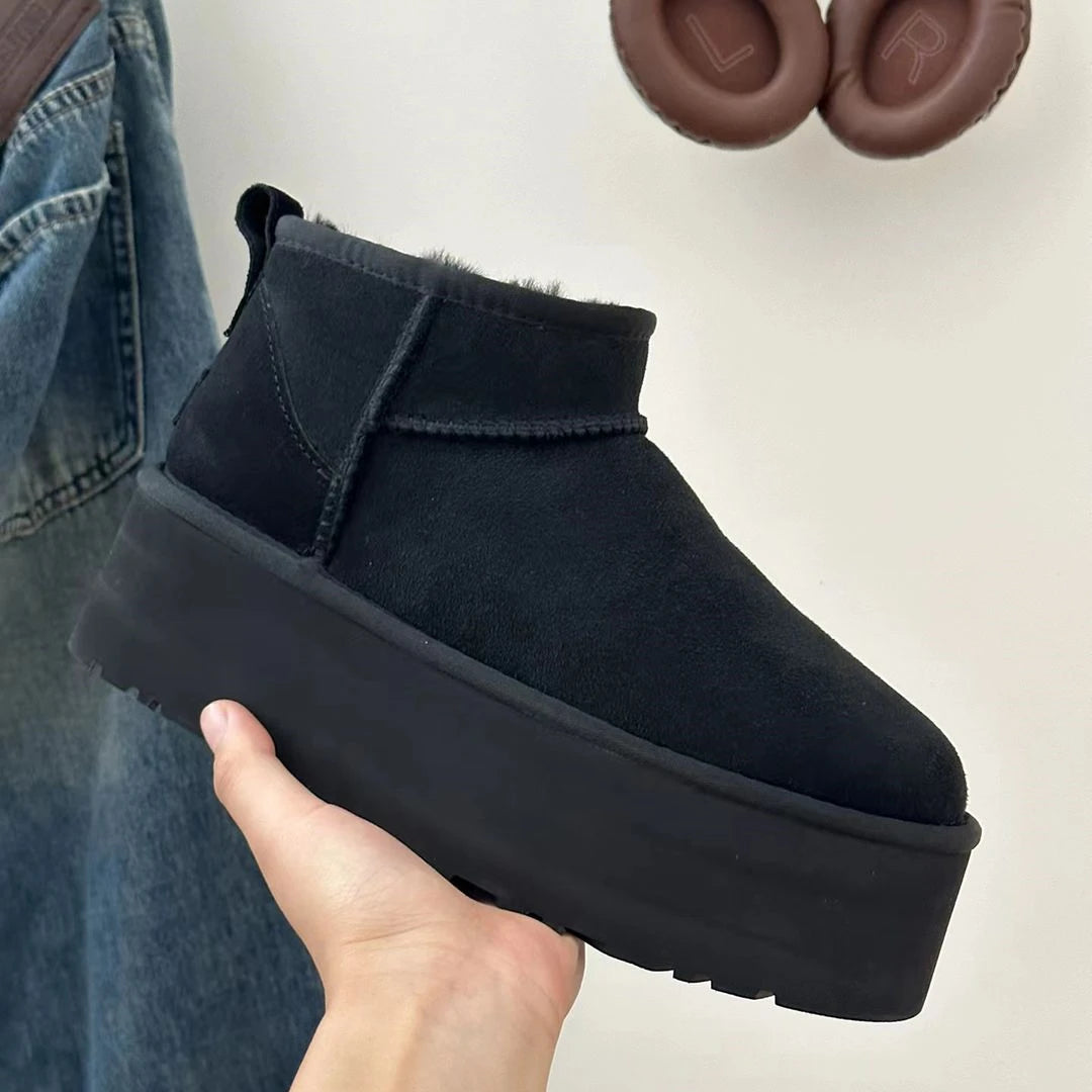 Black Ultra Mini Boots for Women – Cozy Platform Ankle Booties with Fur Lining 0