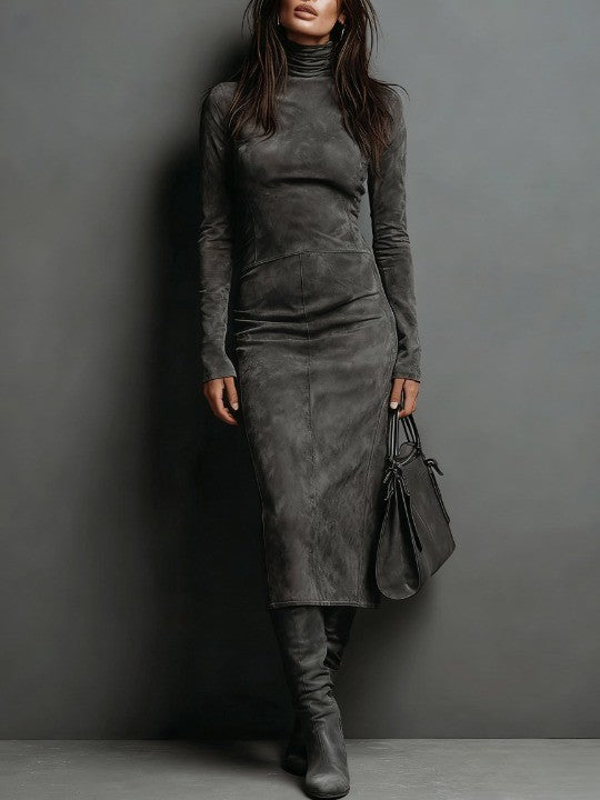 Elegant Suede Midi Dress with Long Sleeves & High Neck – Chic Autumn-Winter Style for Effortless Sophistication 1