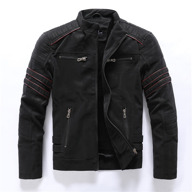 Men's Biker Jacket Black Size M Polyester with Red Stripe Detail 0