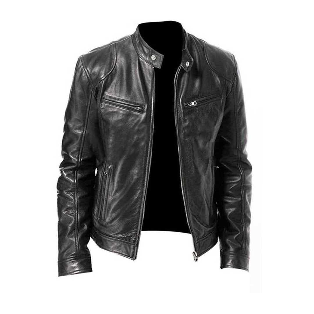 Men's Leather Biker Jacket Black Size M Genuine Leather 0