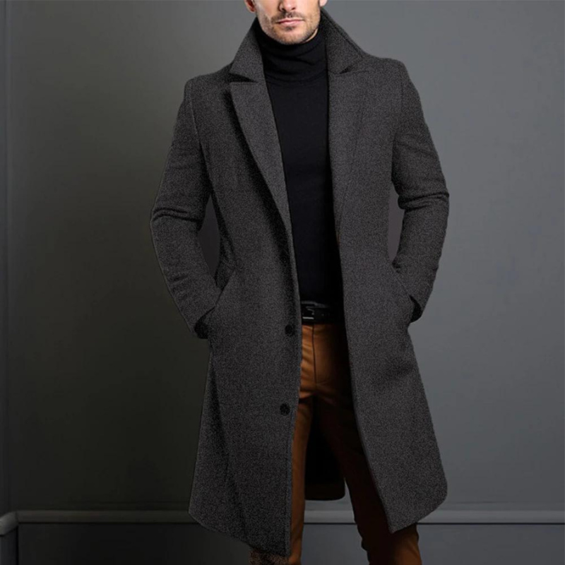 Men's Long Overcoat – Elegant Single-Breasted Wool Coat for Versatile Wear in Black, Brown, Grey, and Blue 2