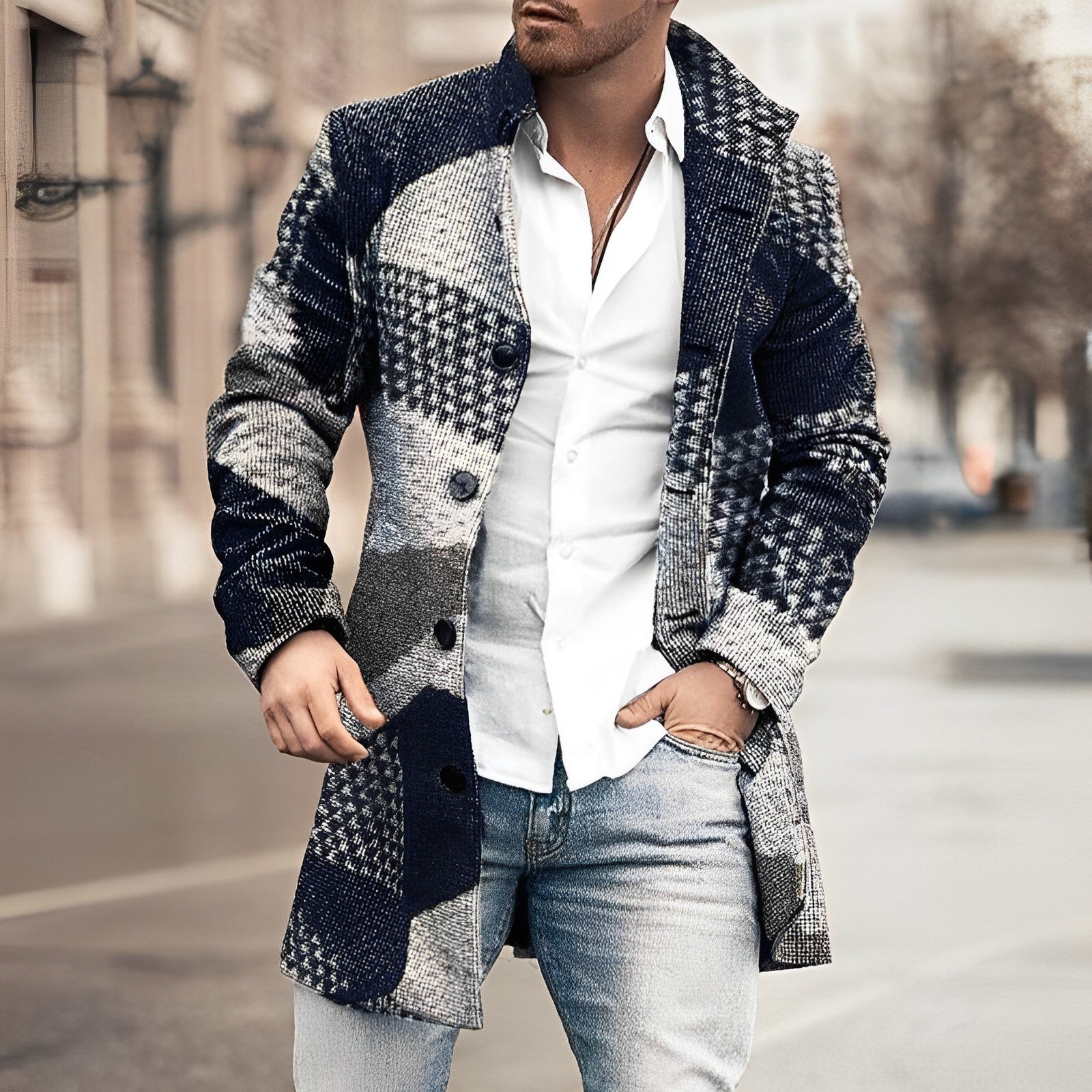 Men's Plaid Overcoat – Stylish Wool Coat with Button Front and Side Pockets for Winter Wear 2