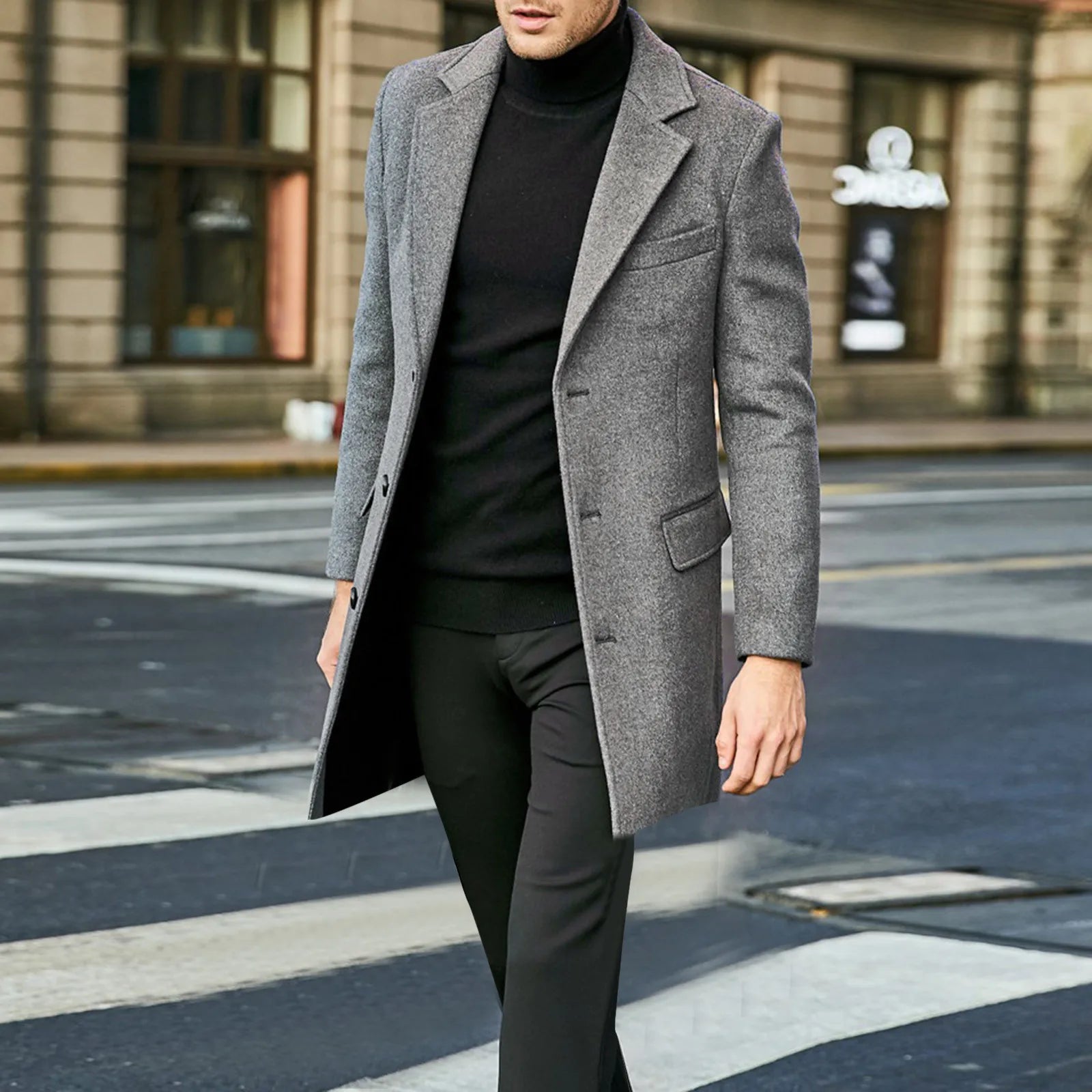Men's Tailored Overcoat with Notch Lapel – Single-Breasted Design, Side Pockets, Available in Black and Grey, Sizes S to 3XL 3
