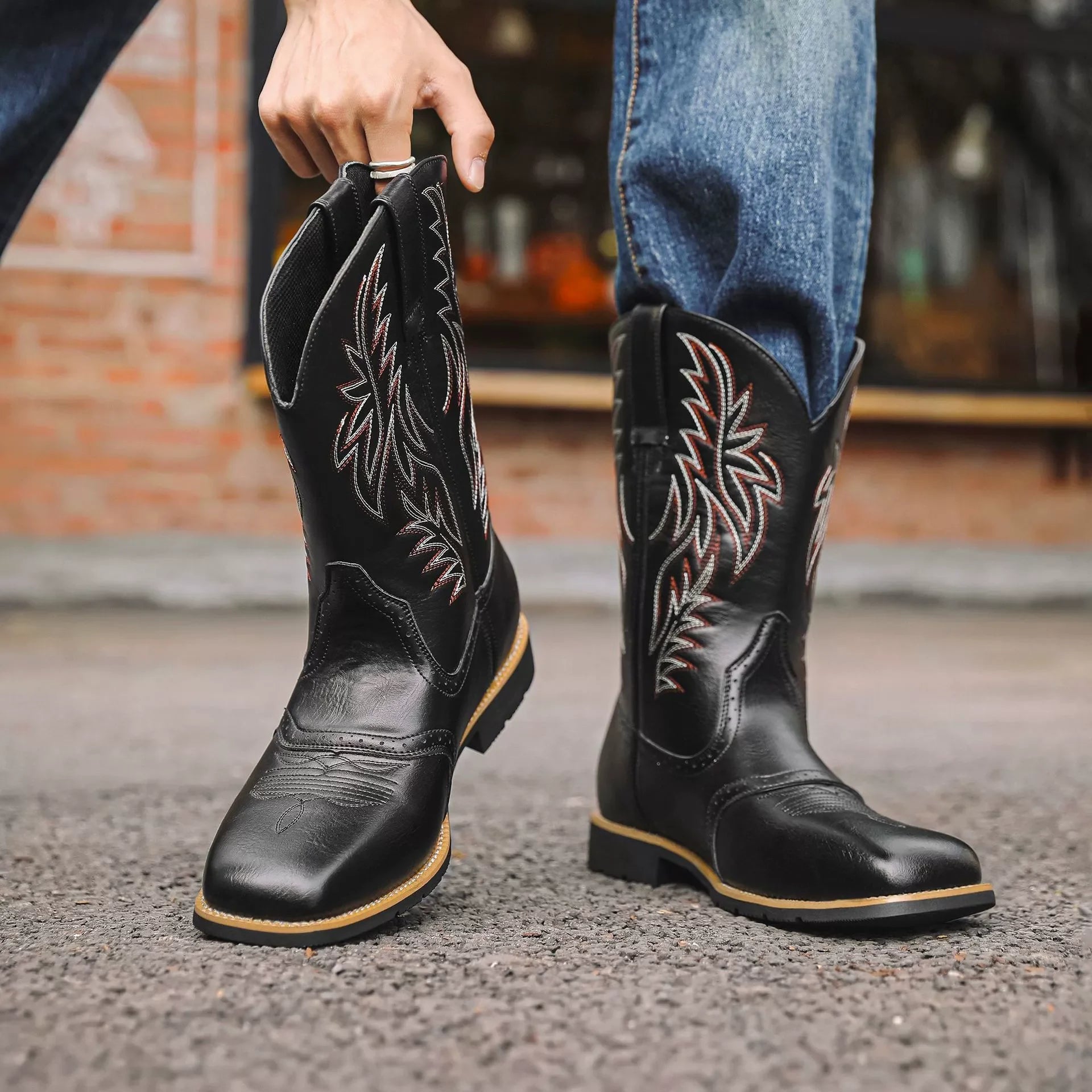TimberRanch | Men’s Western Cowboy Boots with Embroidered Mid-Calf Square Toe Design 3