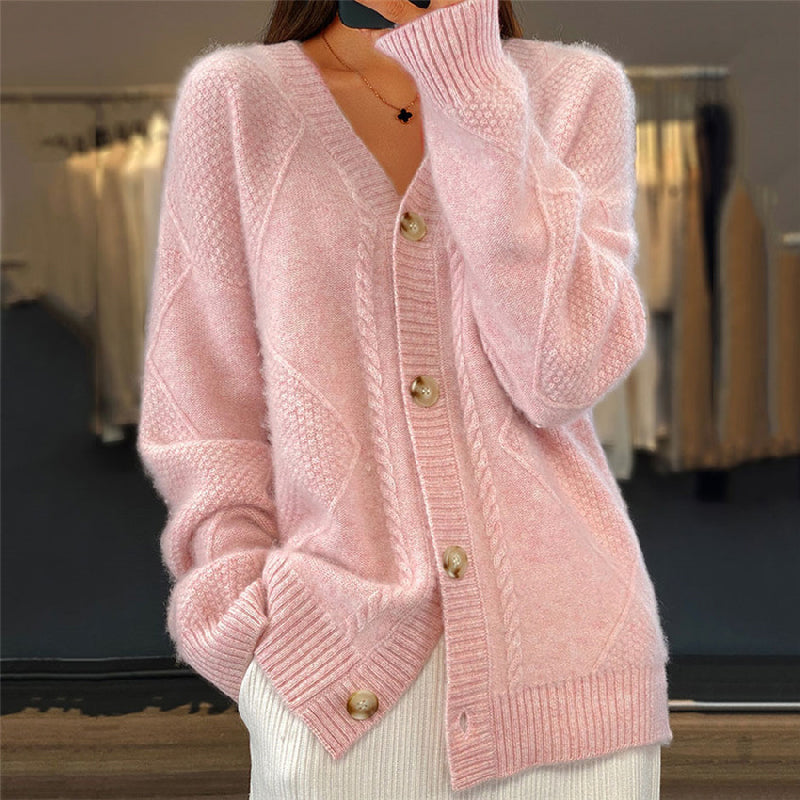 Women's Cardigan Pink Size M Knit V-Neck Diamond Pattern 0