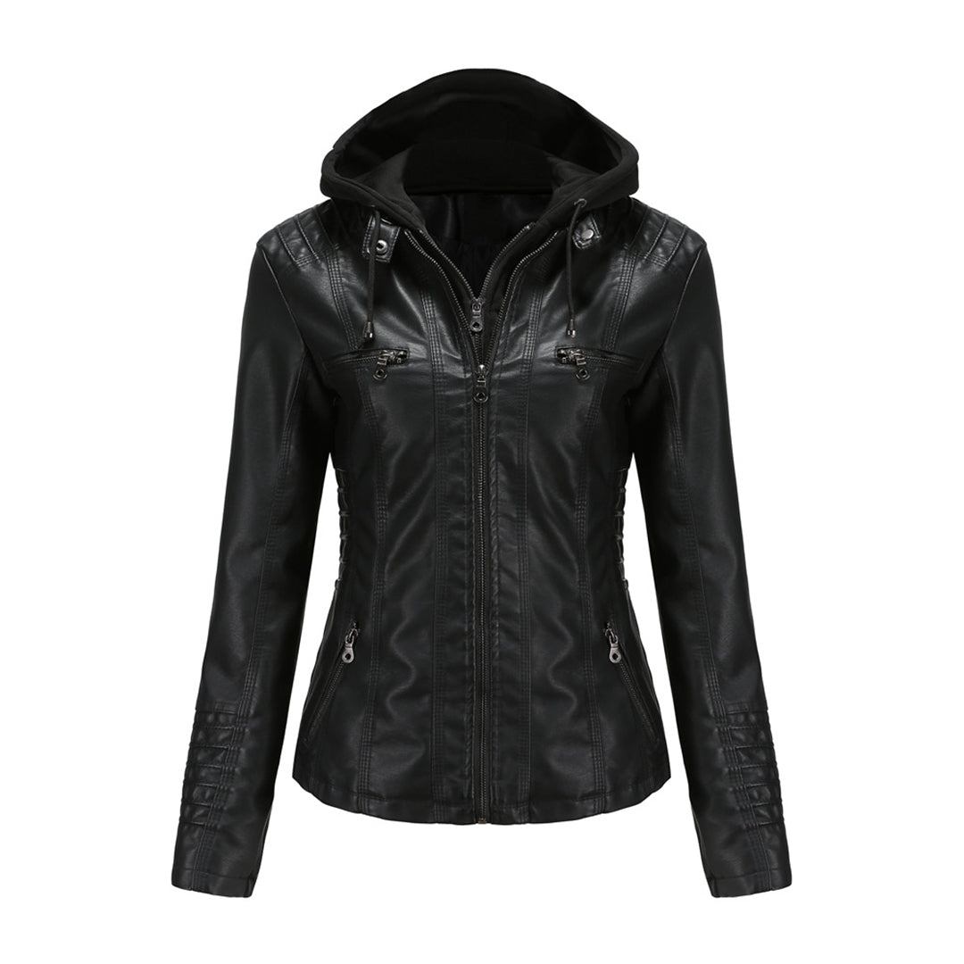 Women's Leather Jacket Black Size M Hooded 0