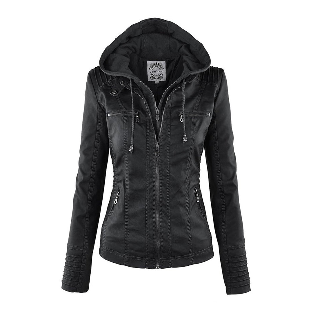 Women's Leather Jacket Black Size M Slim Fit with Hood 3