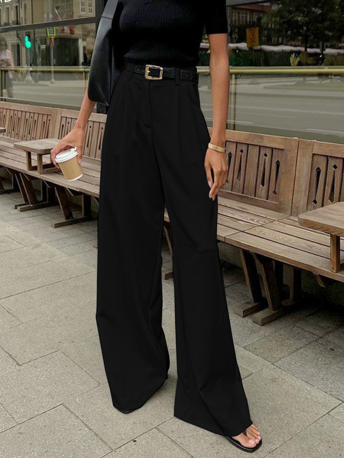 Women's Wide Trousers Black Size M Polyester 1