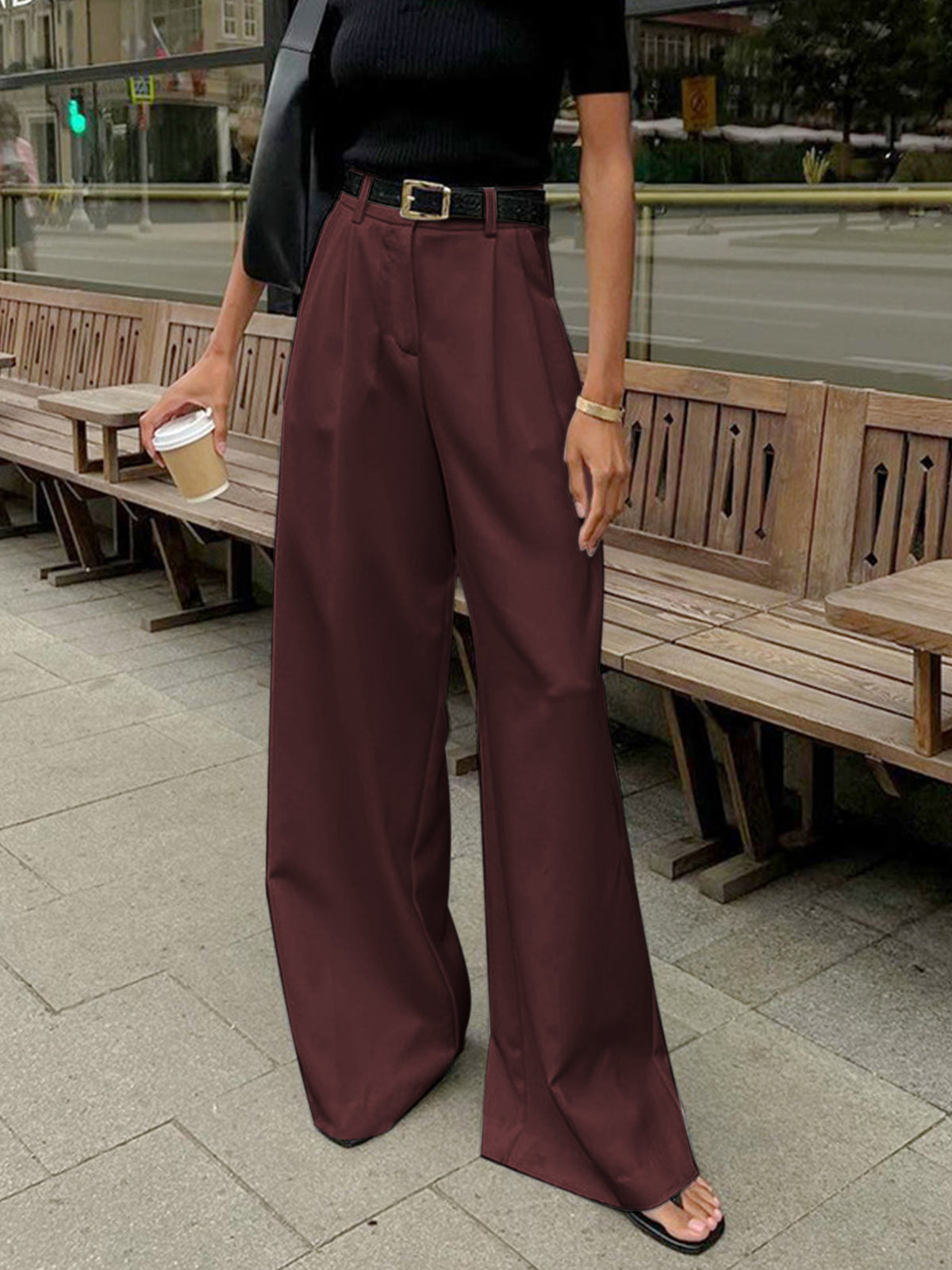Women's Wide Trousers Black Size M Polyester 5