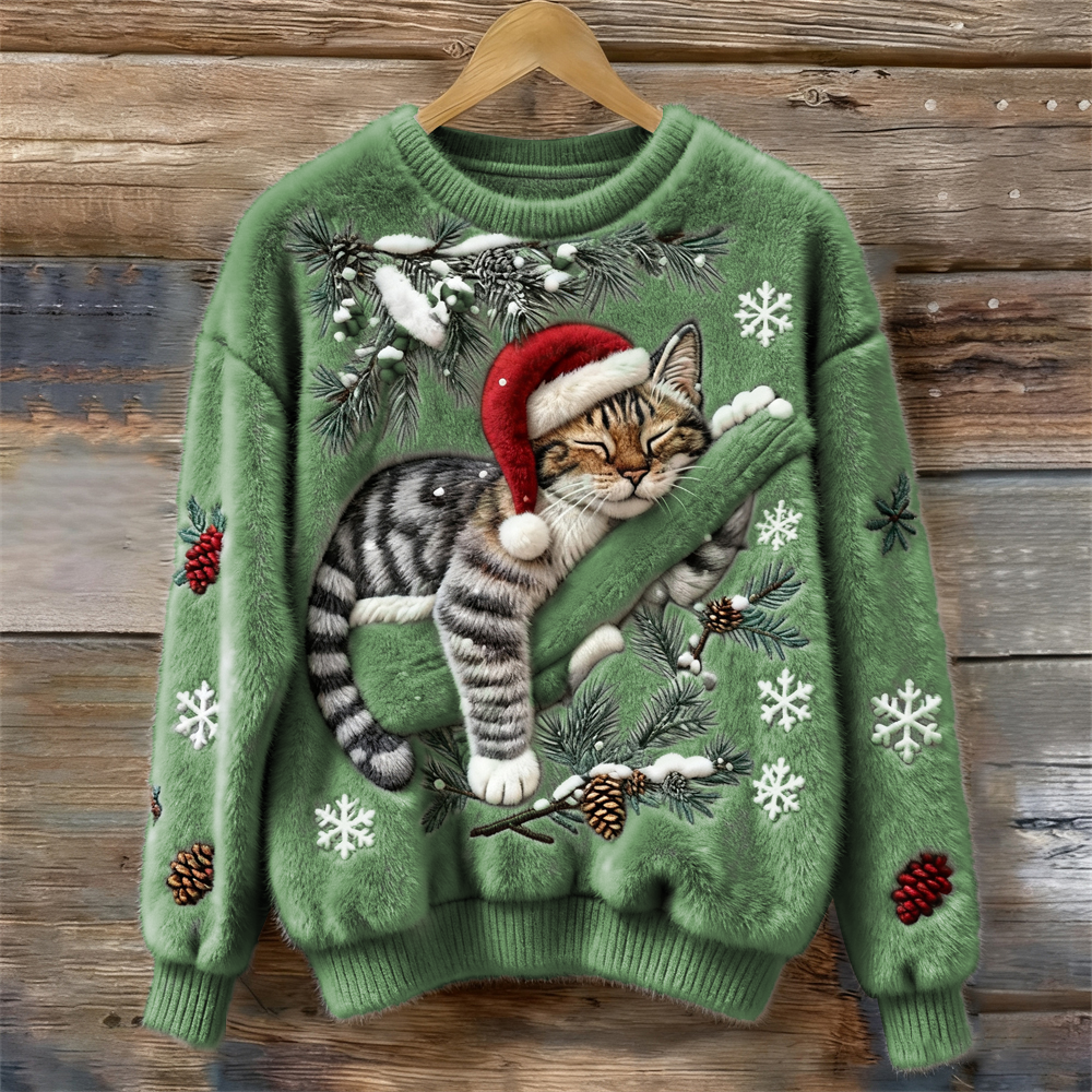Festive Cat | Cat Christmas Sweater with 3D Appliqué – Cozy Design for Holiday Cheer 3