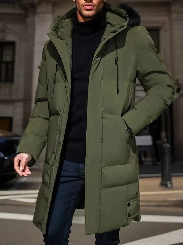 Men's Hooded Longline Puffer Jacket – Insulated Winter Coat with Quilted Panels and Side Pockets, Available in Grey, Black, Dark Green 4