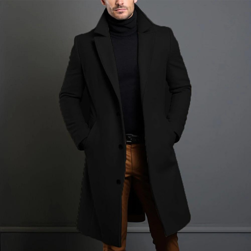 Men's Long Overcoat – Elegant Single-Breasted Wool Coat for Versatile Wear in Black, Brown, Grey, and Blue 0