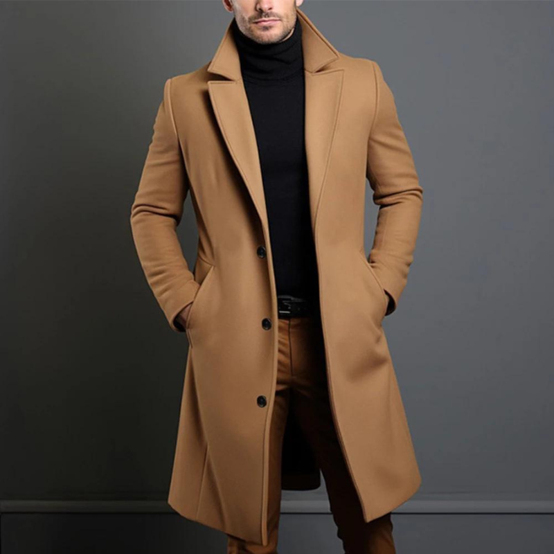 Men's Long Overcoat – Elegant Single-Breasted Wool Coat for Versatile Wear in Black, Brown, Grey, and Blue 1