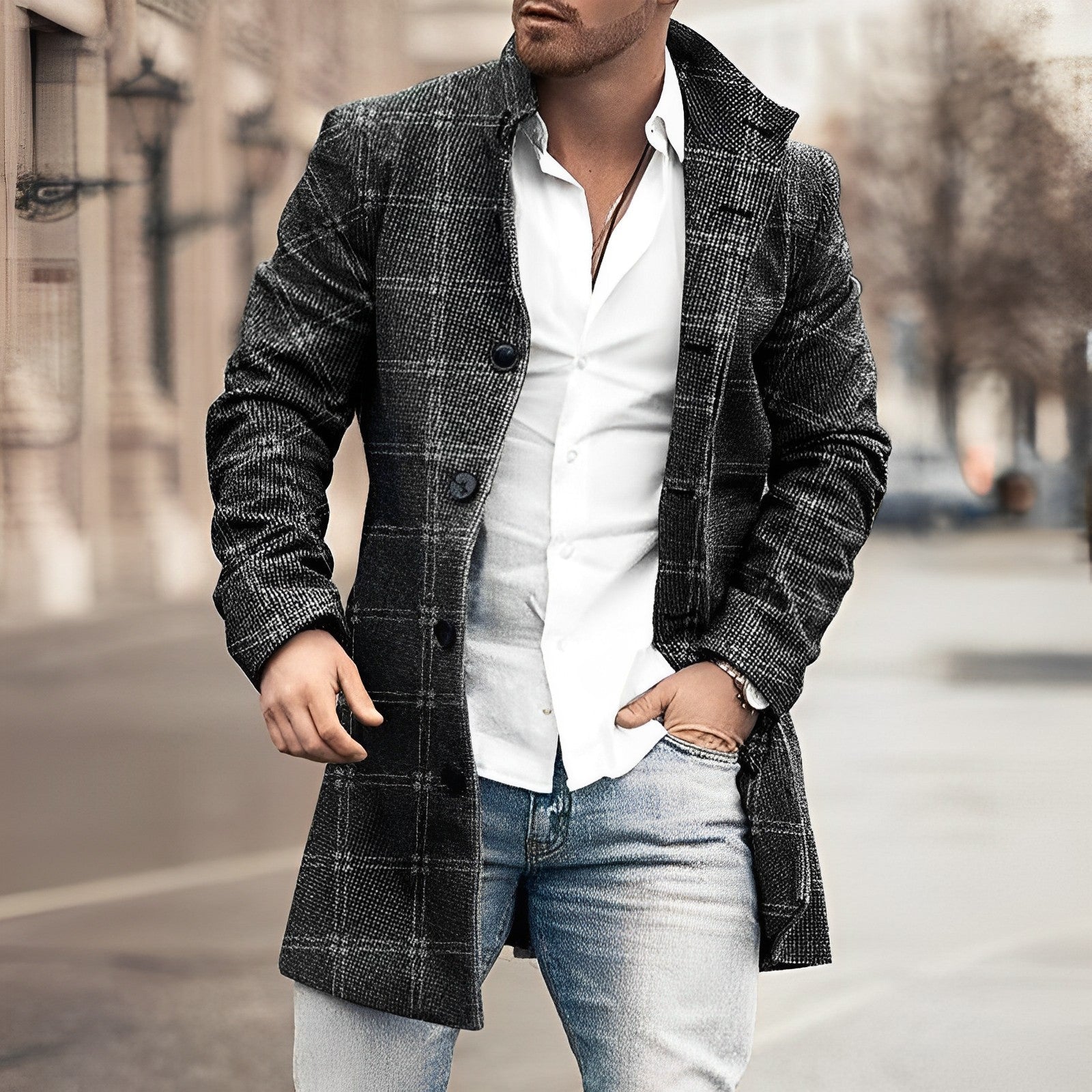 Men's Plaid Overcoat – Stylish Wool Coat with Button Front and Side Pockets for Winter Wear 1