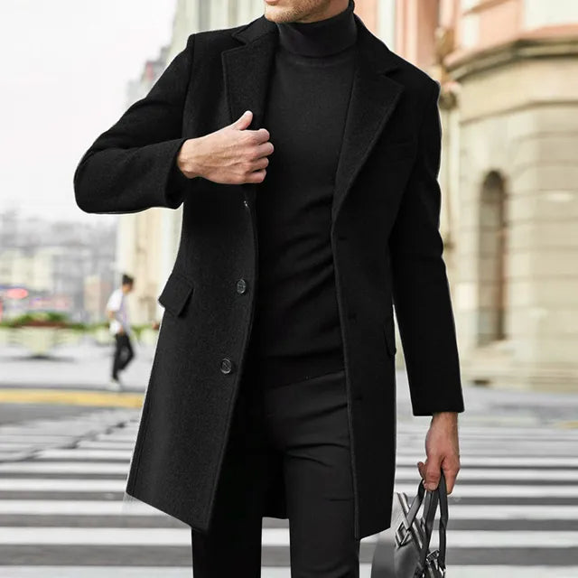Men's Tailored Overcoat with Notch Lapel – Single-Breasted Design, Side Pockets, Available in Black and Grey, Sizes S to 3XL 0
