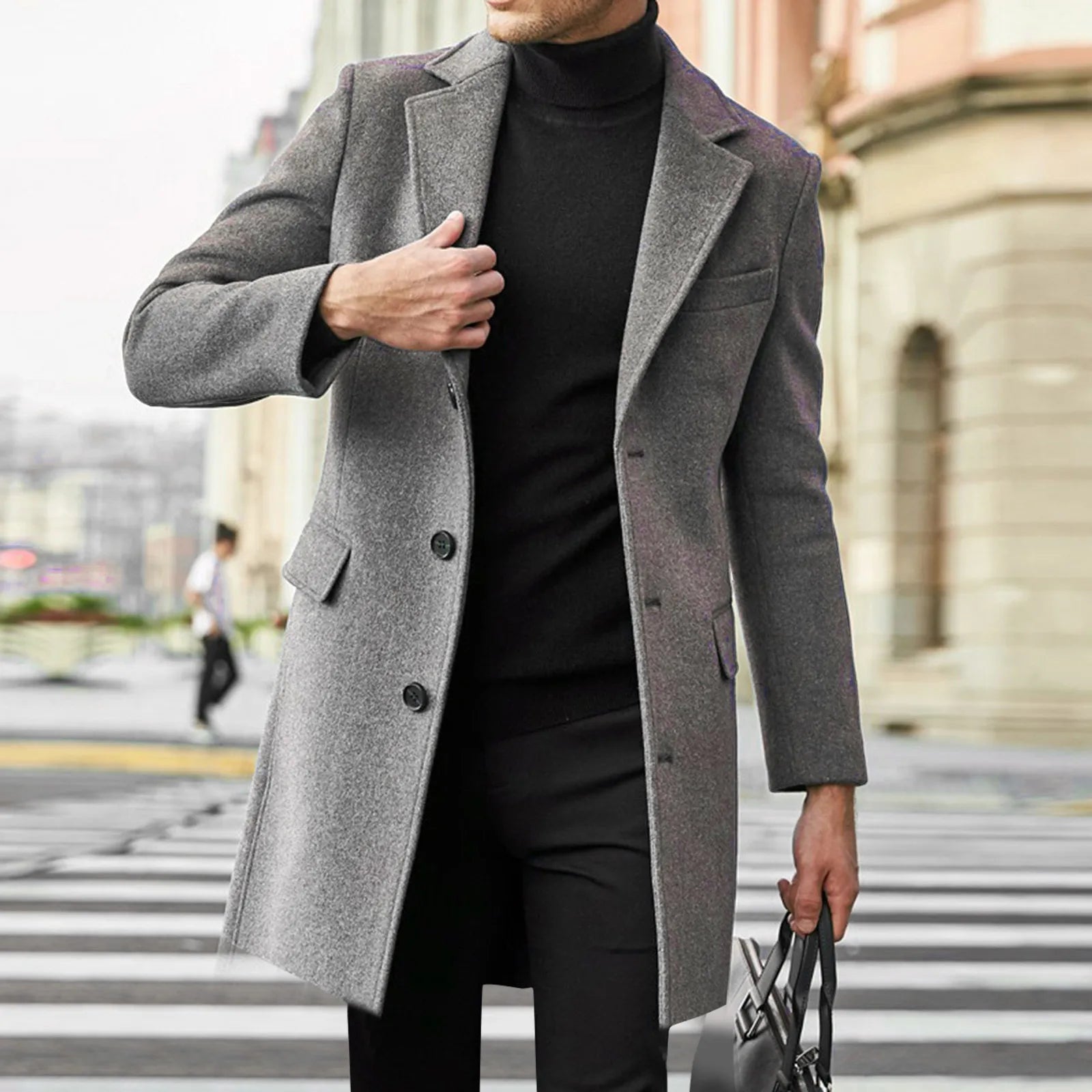 Men's Tailored Overcoat with Notch Lapel – Single-Breasted Design, Side Pockets, Available in Black and Grey, Sizes S to 3XL 1