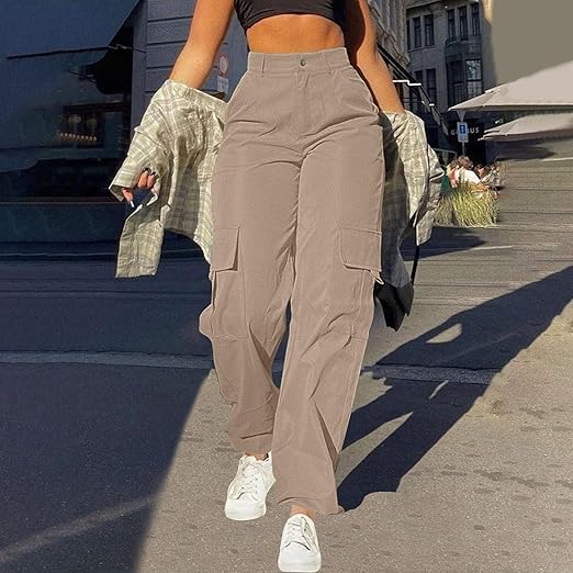 Women's Cargo Trousers Black Size M Cotton High-Waist Design 10