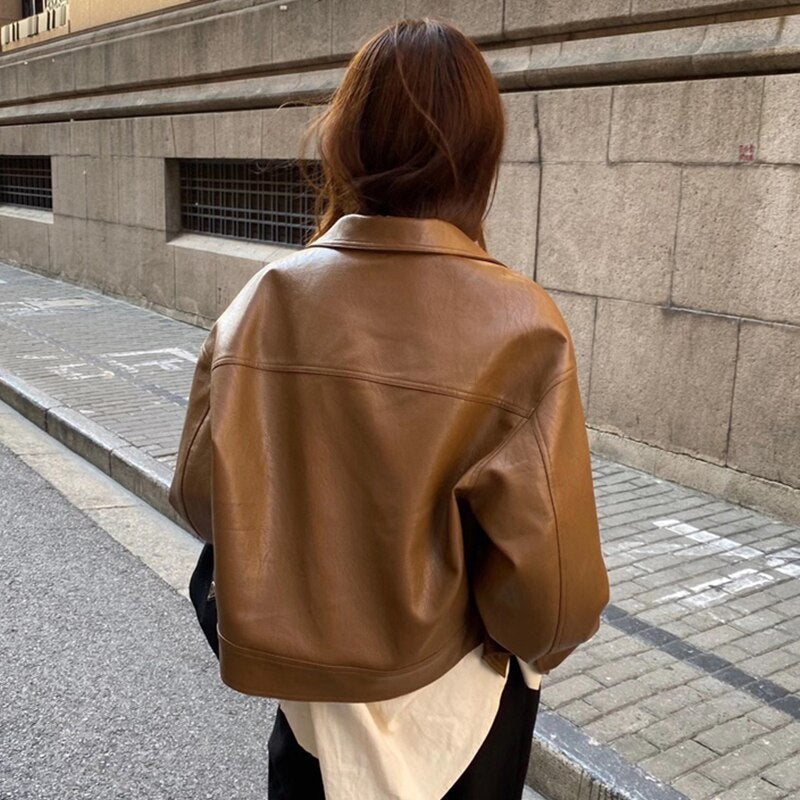 Women's Cropped Leather Jacket Brown Size S-M-L-XL-2XL-3XL 1